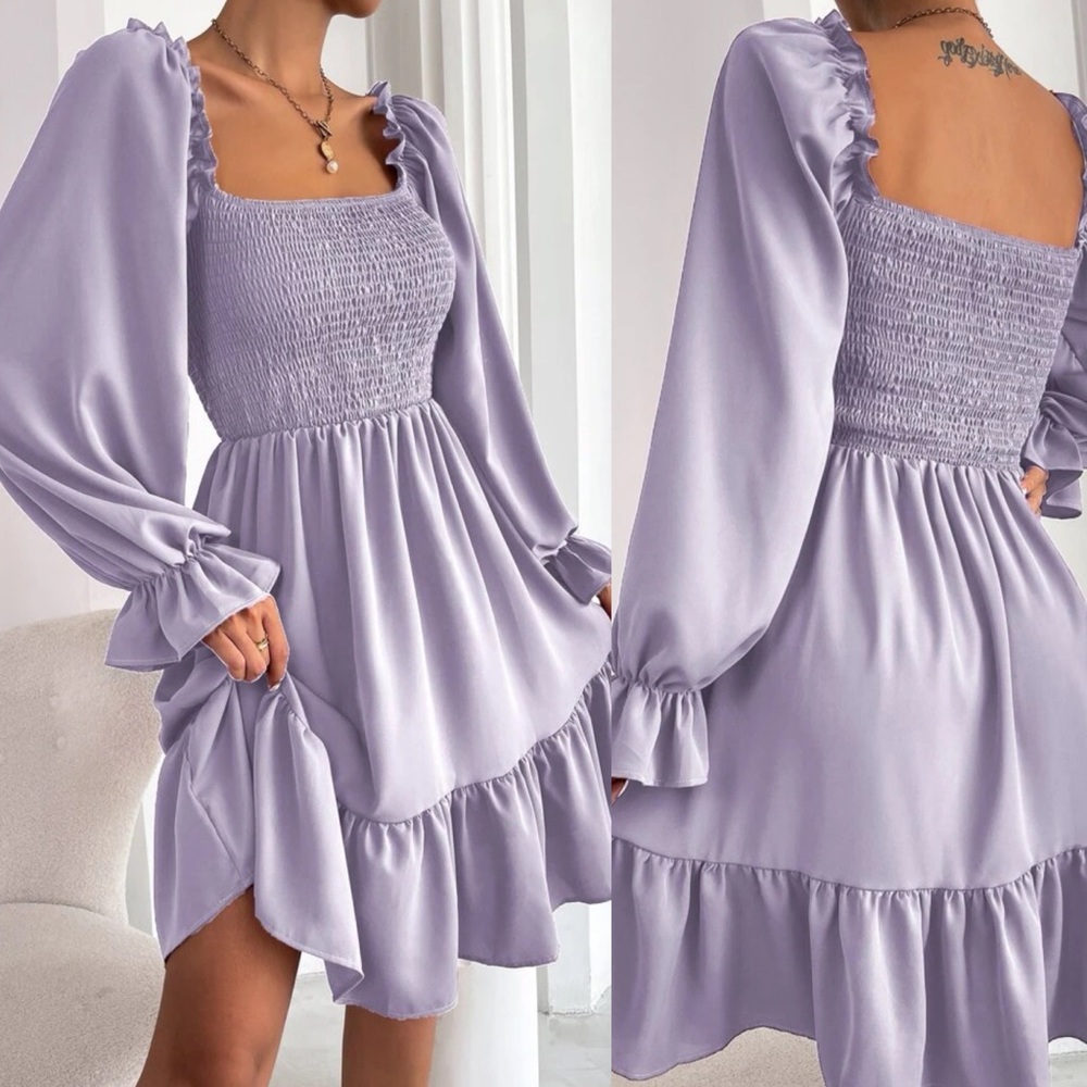 Shirred bust square neck long sleeve mini dress ruffle boho gypsy light purple - Picture 3 of 11
